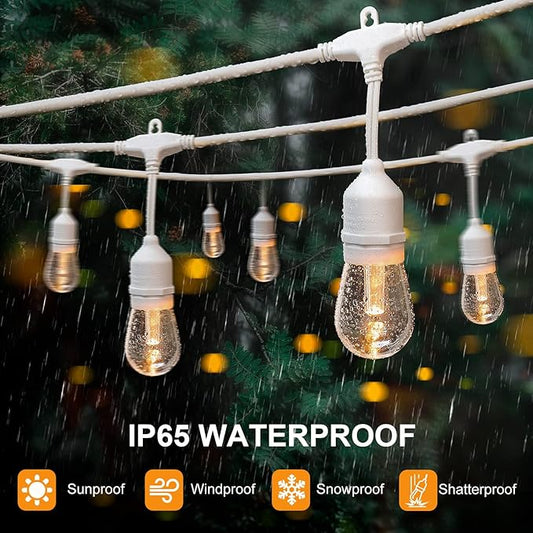 Mlambert 96FT(2x48FT) 3-Color in 1 Dimmable Solar String Lights Outdoor, Remote Patio String Lights with 30+5 LED Bulbs for Pergola Outside-White Cord