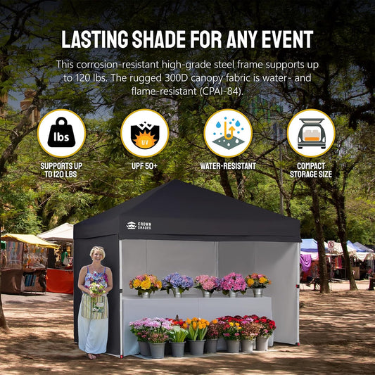 CROWN SHADES 10X10 Comercial Instant Canopy Pop Up Tent with Center Lock (10x10 with 4 Sidewalls, Black)