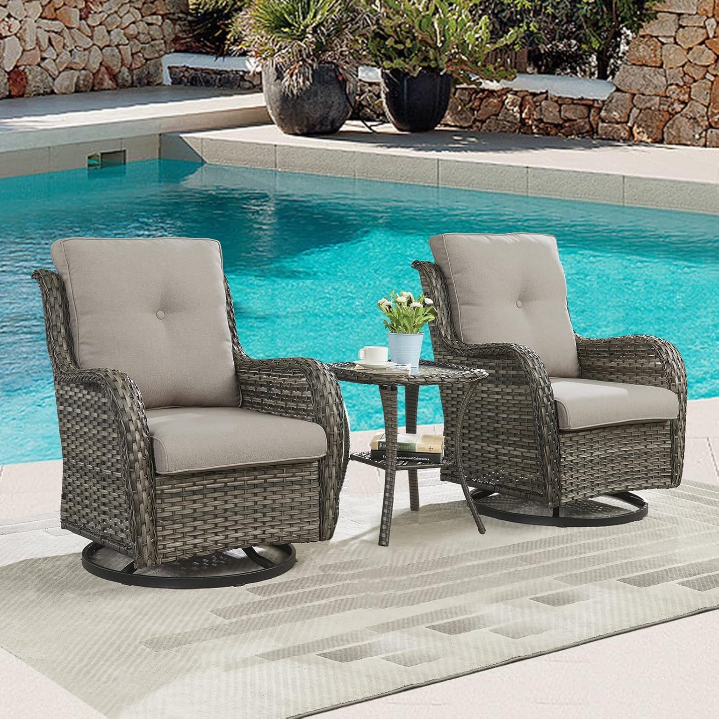 Outdoor Patio Swivel Rocker Chairs - 3 Piece Patio Bistro Set,Wicker Patio Furniture Set with 2 Swivel Rocking Chairs and 1 Glass Top Side Table for Deck Porch Garden,Mixed Grey/Grey