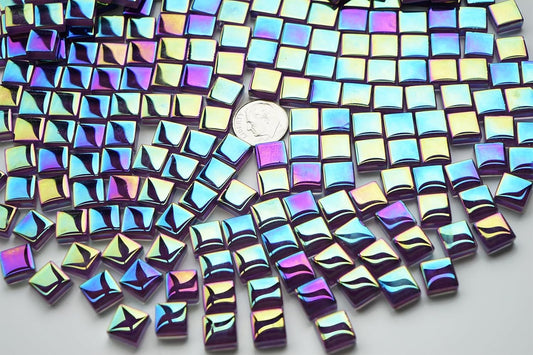 300G Iridescent Mosaic Tiles for Crafts, 335pcs Small Purple Crystal Glass Tiles for Mosaic Making Projects, 3/8" Square Stained Glass Mosaic Pieces for DIY Mosaic Work, Tiles for Glass Art