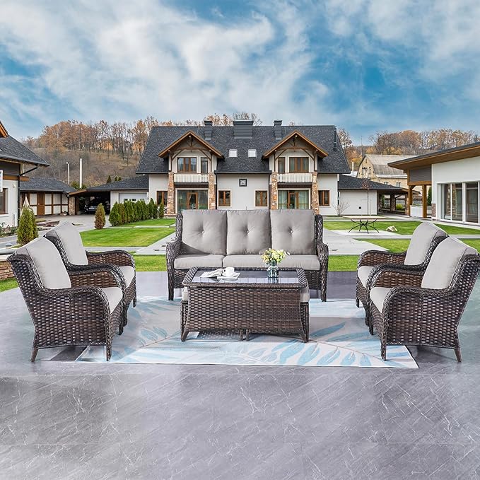 Rilyson Wicker Patio Furniture Chairs Set - 8 Piece Rattan Outdoor Patio Sectional Conversation Sets with 1 Sofa,4 Armrest Chairs,1 Coffee Table and 2 Ottomans for Porch Deck Garden(Brown/Grey)