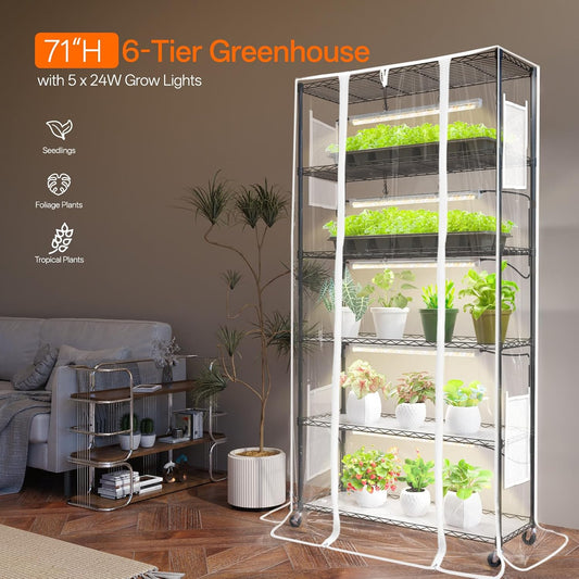 Indoor Greenhouse with Grow Light, Mini Green House with 5 Pack T8 Full Spectrum Plant Lights, Plant Shelf with Tent for Indoor Plant, Seed Starting, Seed Tray, 35.4"x13.8"x71"
