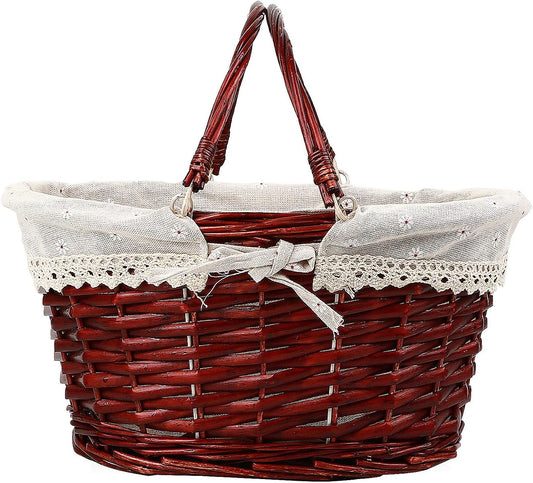 KINJOEK Wicker Woven Basket, Multipurpose Natural Willow Basket with Handle Premium Linen Cotton Cloth Lining for Storage and Decoration, Brown