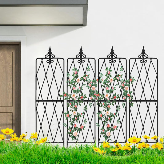 Garden Trellis for Climbing Plants Outdoor, Metal Garden Trellises, Decorative Garden Fencing Flower Trellis with Durable Powder Coating for Vines Plant Rose, Vegetable Support, Black (4, Pattern-A)