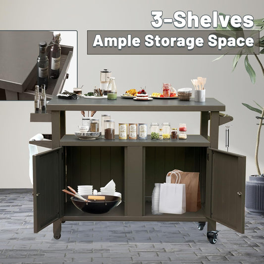 Grill Cart Outdoor with Storage Cabinet, Portable Rolling Patio Bar Cart with Wheels, BBQ Prep Table, Movable Stainless Steel Kitchen Island Dining Cart for Food/Drink/Cooking-Brown