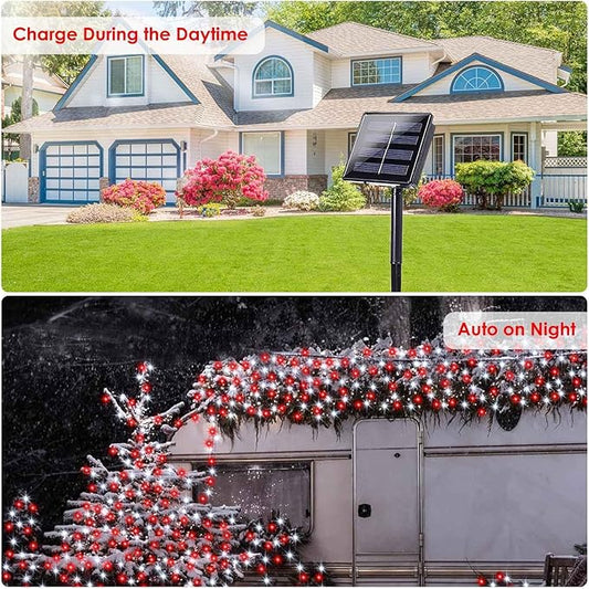 2 Pack 200 LED Solar Christmas Lights Outdoor Waterproof, Solar String Lights for Outside, Solar Outdoor String Light with 8 Lighting Modes for Xmas Tree Wedding Party Yard Decorations (Red and White)
