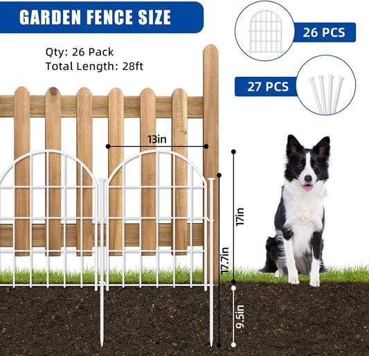26 Pack Decorative Garden Fence, 17in X 28ft Arched No Dig Fence Border, Garden Edging Border, Rustproof Metal Animal Barrier with Ground Stake for Dog, Rabbit, Outdoor Yard Patio Decor, White