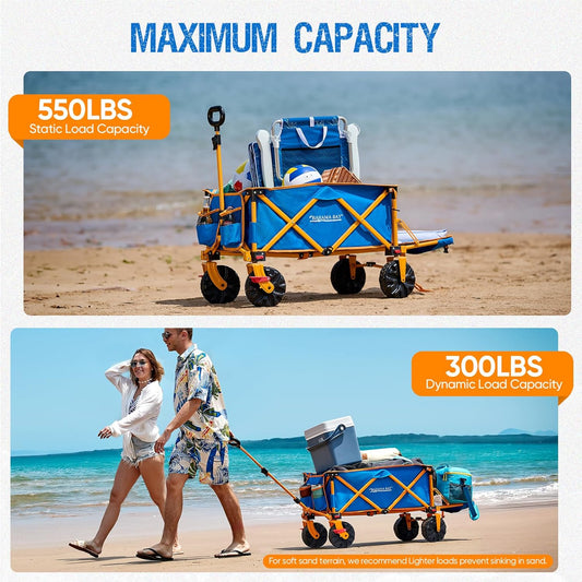 49" L Extra Long Beach Wagon with Tailgate,Big Wheels with Brake for Sand, Collapsible Utility Beach Cart Heavy Duty Folding Wagon,Ideal for Outdoor Sand Camping Garden Pet