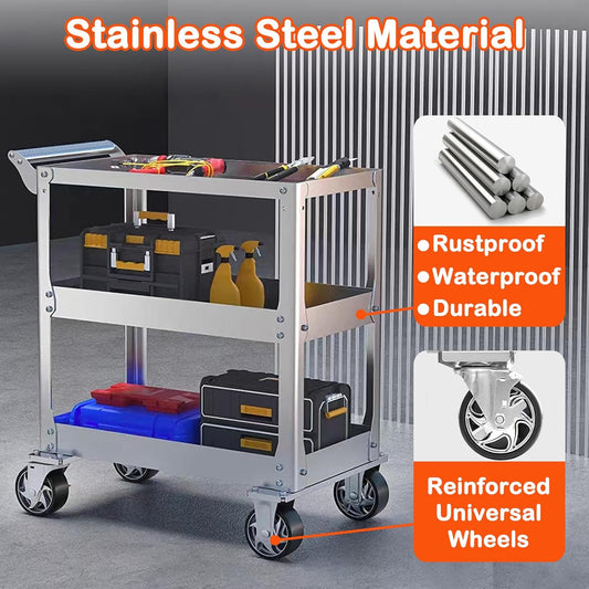 DDJ Stainless Steel Utility Cart on Wheels, 3-Tier 1100 lbs Heavy Duty Tool Cart with Wheels, Commercial Rolling Service Cart for Garage Workshop Warehouse Mechanic Kitchen 18.1" D x 30.7" W x 36.2" H