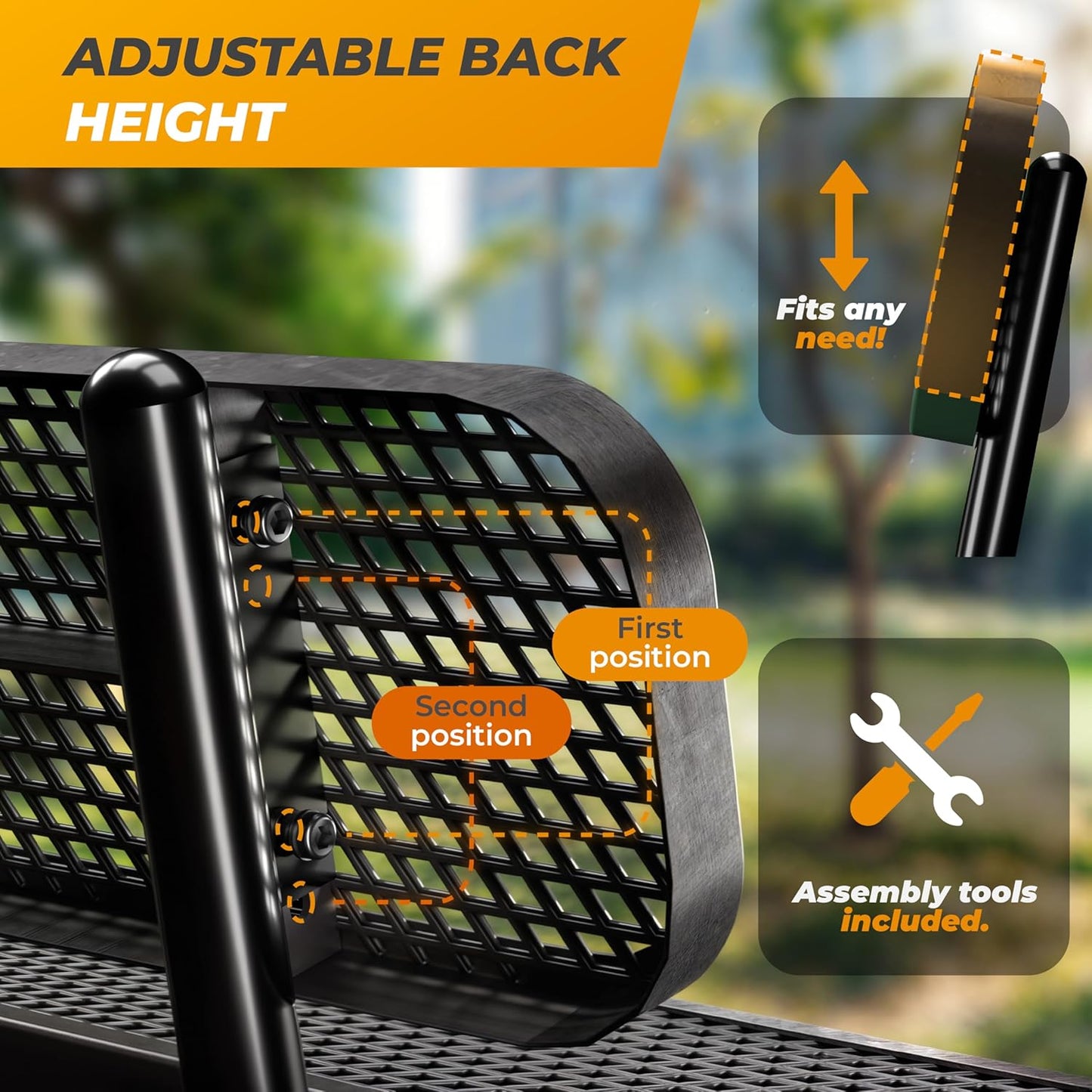 Heavy-Duty Outdoor Metal Bench, Thermoplastic-Coated, Surface, Weatherproof, Commercial-Grade for Parks, Gardens, Patios, Stores & More (6 Ft - Surface with Back, Black)