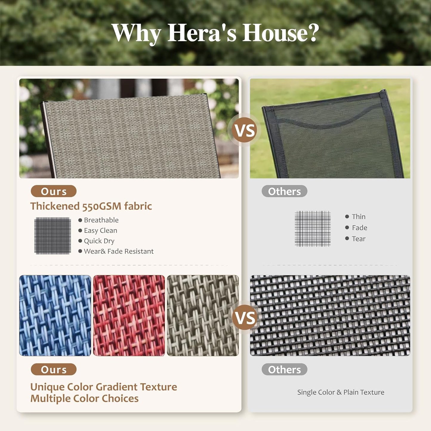 HERA'S HOUSE Patio Table and Chairs Set, 5 Pieces Outdoor Dining Set for 4, 4 x Brown Textilene Dining Chair, 37" Square Metal Dining Table with Umbrella Hole for Lawn Garden Backyard Deck