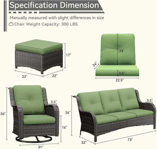 5 Pieces Outdoor Patio Furniture Set - Conversation Set Includes Wicker Swivel Rocker Chairs Set of 2, 2 Ottoman, 3 Seat Sofa, Suitable for Porch, Yard, Mixed Brown Rattan, Green