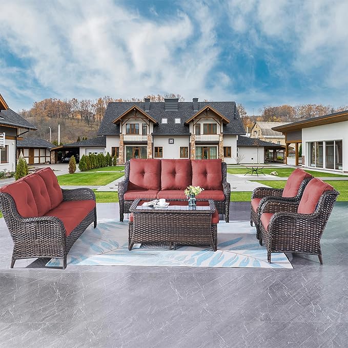 Rilyson Wicker Patio Furniture Sofa Set - 7 Piece Rattan Outdoor Patio Sectional Conversation Sets with 2 Sofa,2 Armrest Chairs,1 Coffee Table and 2 Ottomans for Porch Deck Garden(Brown/Red)