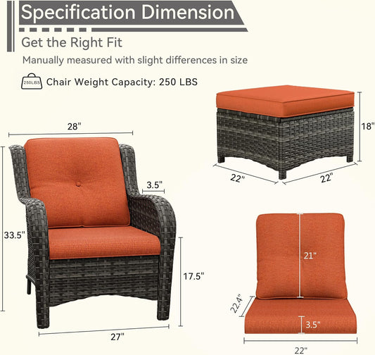 4 Pieces Patio Conversation Set, Wicker Chairs Set of 2 and Two Ottomans with 3.5-inch Seat Cushions, High Back and Curved Armrest for Backyard, Balcony and Deck, Orange