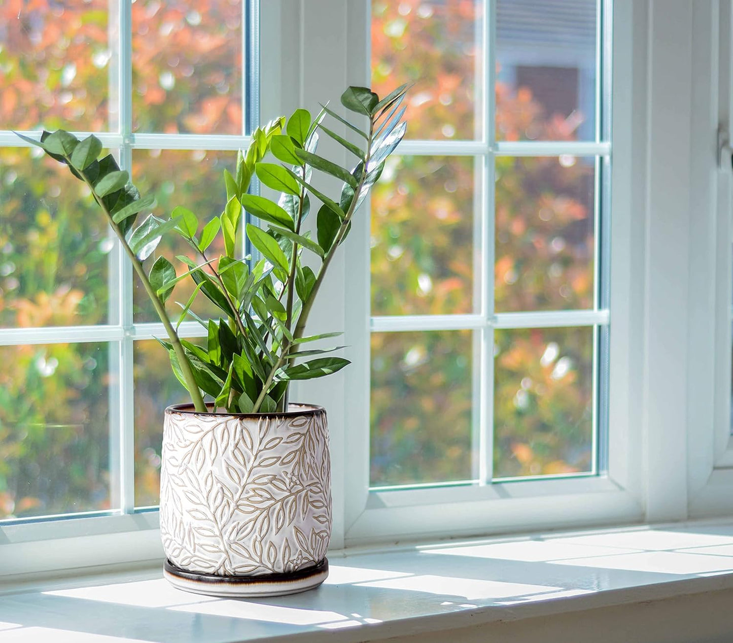 D'vine Dev 6 Inch Embossed Leaves Stoneware Planter Pot with Drainage Hole and Saucer, Smoked White, Set of 1, 27-A-X-1