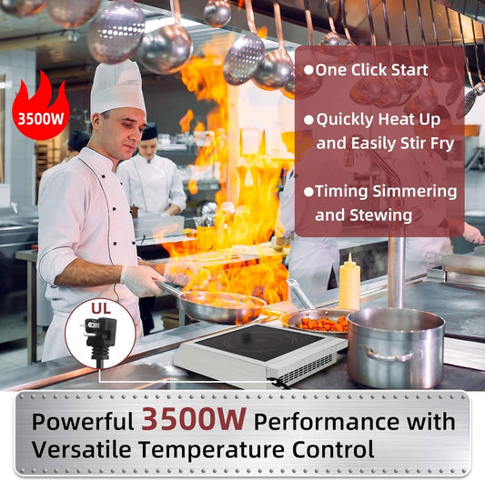 Induction Cooktop 208-240V 3500W Commercial Range Induction Burner Dual IGBT Modules 8 Heating Level Sensor Push-Button Premium Stainless Steel Housing Crystal Glass Electric Cooktop(Red)