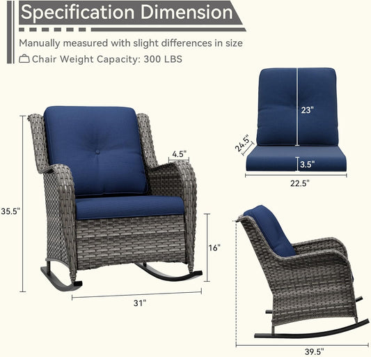 1 PC Outdoor Rocking Chair, Wicker Patio Rocker Chair for Yard, Porch, Mixed Brown Grey Rattan, Blue Cushions