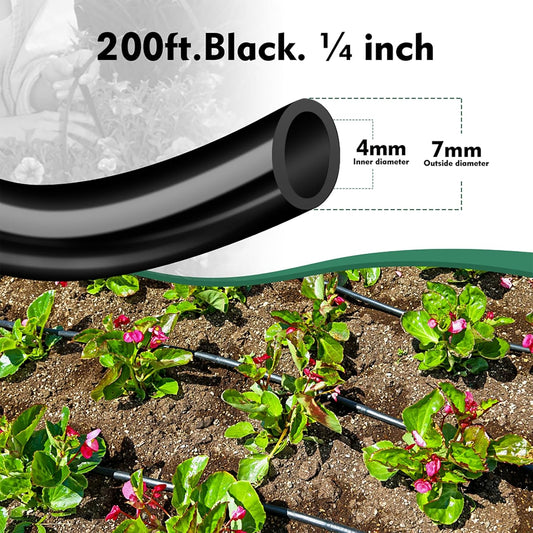 200FT 1/4 inch Drip Irrigation Tubing Blank Distribution Garden Watering Tube Line for Drip Irrigation Parts and Drip Systems, Black
