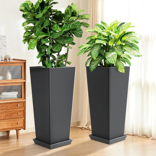 Set of 2 Tall Planters, 24" Large Indoor Outdoor Flower Pots with Tray, Modern Tapered Planters for Porch, Patio, Garden, Backyard