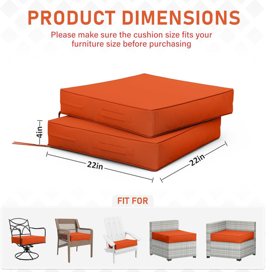 Patio Chair Cushions 22 X 22 X 4 Inch Waterproof Outdoor Seat Cushions for Patio Furniture, Outdoor Sofa Couch Pads with Ties & Handle, Set of 2, Orange