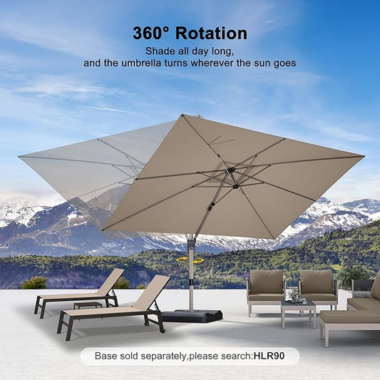 PURPLE LEAF 9' X 11.5' Patio Umbrella, Rectangle Outdoor Cantilever Umbrella, Aluminum Offset Umbrella with Champagne Frame and 360° Rotation for Pool Deck Garden, Taupe