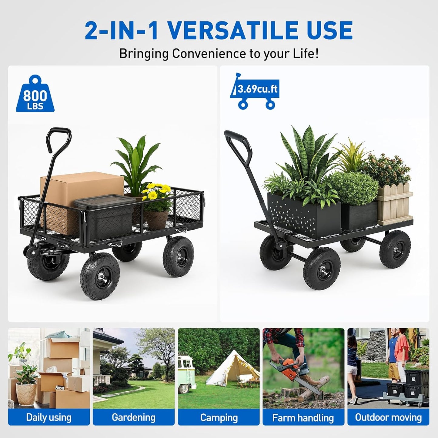 Yesker Steel Garden Carts - 800lbs Dump Wagon with All Terrain Inflatable Wheels for Yard Lawn Farms Gardening - Heavy Duty Utility Outdoor Hauling Wheelbarrow