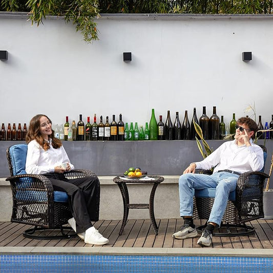 3 Pieces Patio Furniture Set, Outdoor Swivel Glider Rocker, Wicker Patio Bistro Set with Rocking Chair, Thickened Cushions and Table for Porch (Blue)