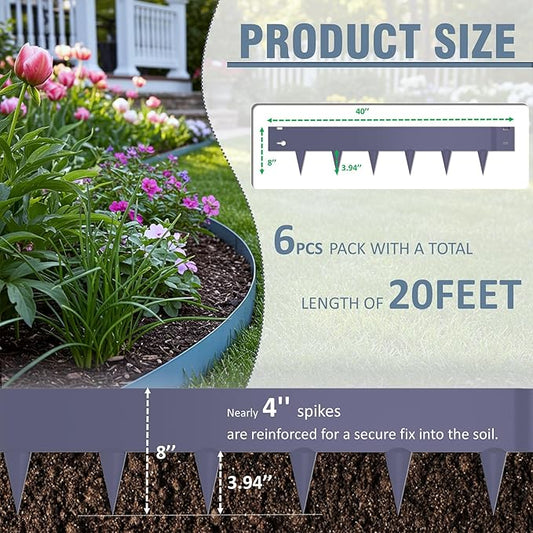 6 Pack Metal Landscape Edging- 40" L x 8" H (20ft Total) Lawn Edging, Garden Border Edging, Metal Edging for Landscaping with Gloves (Gray-Blue)