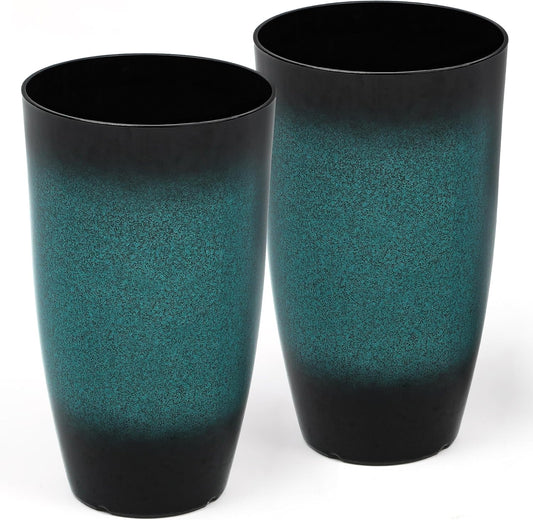 23.6" Set of 2 Tall Outdoor Planters, Gradient Turquoise Plastic Flower Pots, Weatherproof for Porch, Garden, Patio or Indoor Décor