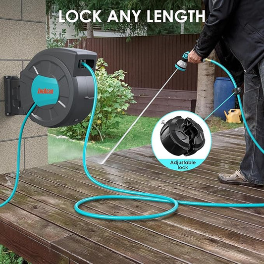 ENEACRO Retractable Garden Hose Reel with Wall Mount 1/2"×120ft with 10 Pattern Hose Nozzle, Brass Connector, Auto Rewind/Any Length Lock/ 180° Swivel Bracket, Ideal for Garden Watering