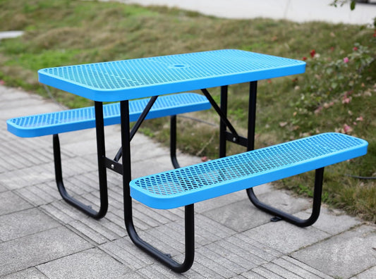 4FT Metal Picnic Tables for Outdoors, Commercial Rectangular Picnic Table and Bench Set for Outside, Patio, Garden, Backyard, Porch, Surface Mount, Blue