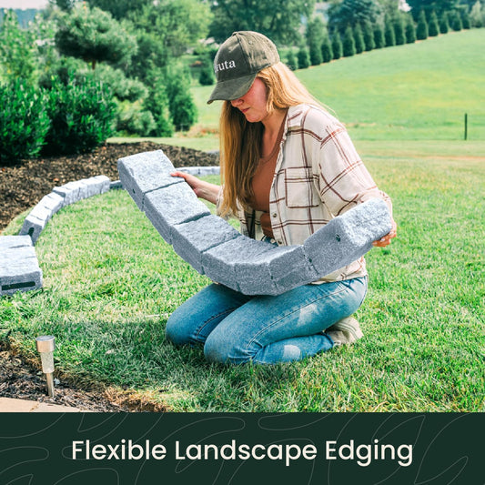 Beuta Landscape Edging | Garden Edging Border | Faux Stone Blocks for Lawn Edging, Flower Beds & Yard Edging – 4 Pack | Each Section Has 6 Blocks 48" L x 4" W x 6.5" H | 8 Spikes | Greystone