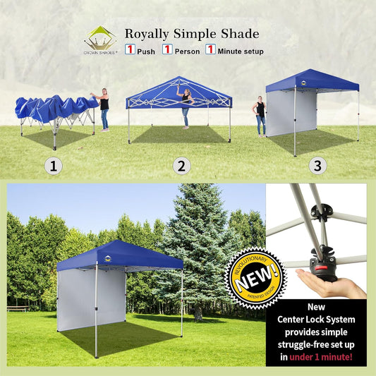 CROWN SHADES 8x8 Pop Up Canopy with 1 Side Wall - Beach Tent with One Push Setup - Outdoor Sun Shade for Events, Parties, Camping - Gazebo with STO-N-Go Cover Bag (Navy Blue)