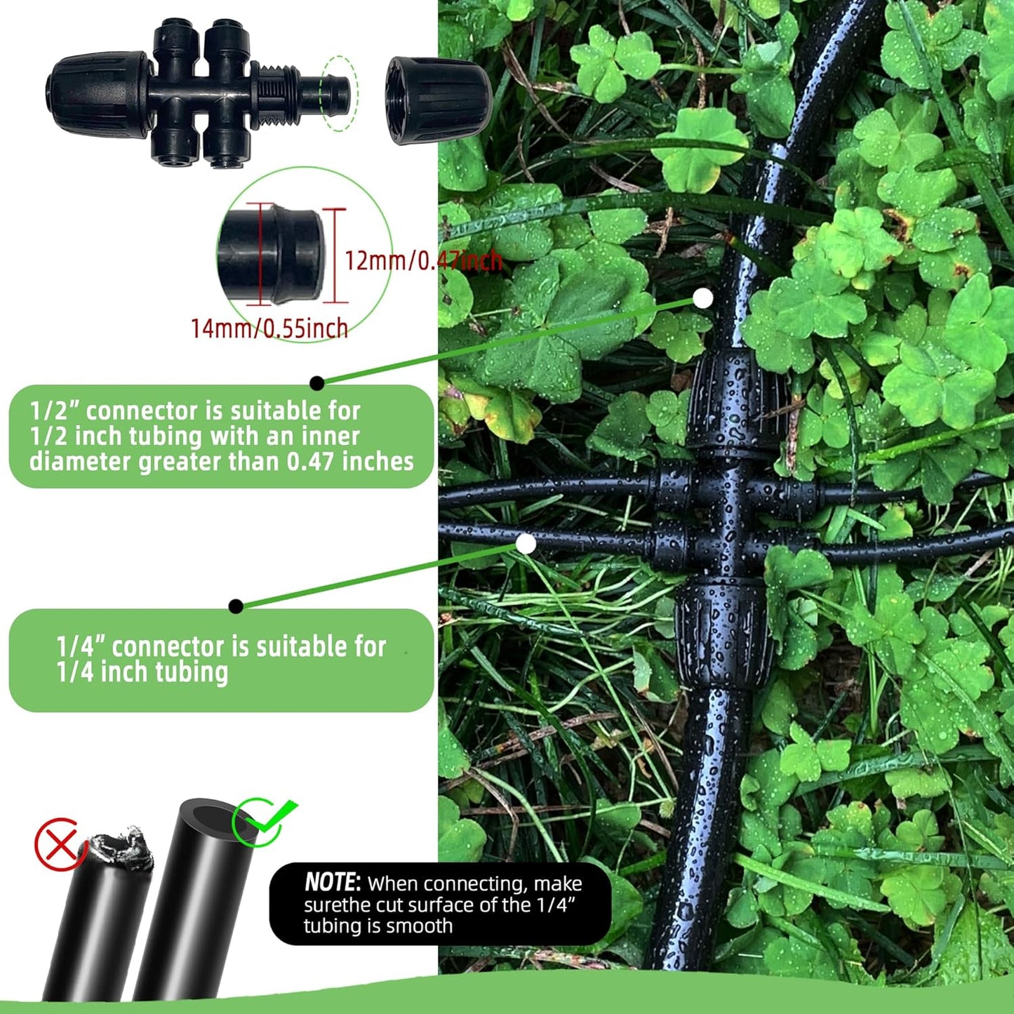 6 Pack 1/2'' to 1/4'' Drip Irrigation Fittings, Push-to-Fit 6 Way Drip Irrigation Part Barbed Tee Connectors, Anti-leak Locked Splitter Fitting for 1/2" Irrigation Tubing (0.6''-0.67''OD)