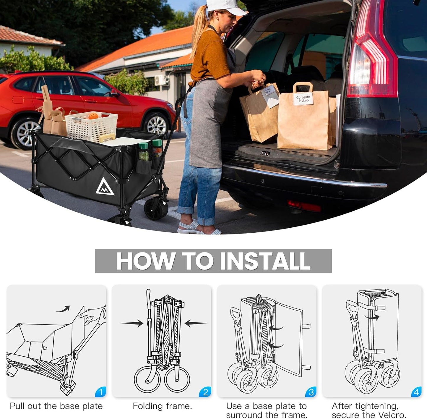 Wagon Cart Shopping Foldable Folding Collapsible with Wheels Big On Beach Garden Outdoor Grocery Heavy Duty Utility All Terrain Portable Wagons Carts for Groceries Sand Camping Sports Black