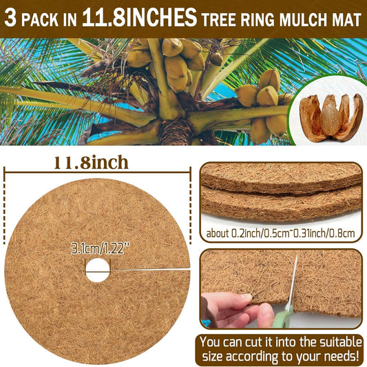 ZeeDix 3 Pack 12 Inch Coconut Fiber Mulch Ring, 100% Natural Coco Coir Tree Ring Mulch Mat Plant Protector Mat, Coconut Coir Discs Plant Pot Soil Cover for Indoor Outdoor Plants, Garden Decoration