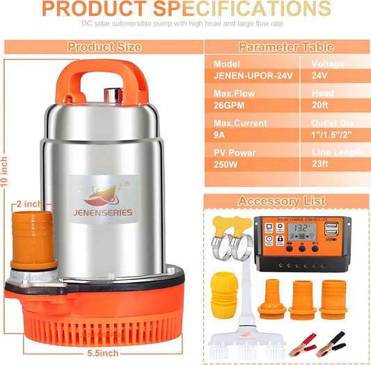 250W DC 24V Solar Submersible Pumps, 2inch solar deep well water pump,Max head 20ft, 26GPM Flow for pond or farm (update-24V)