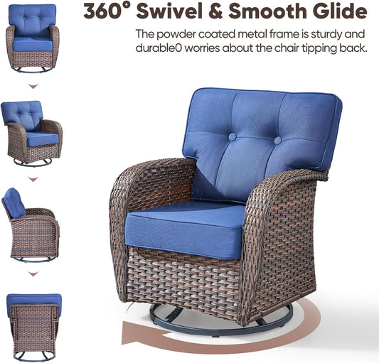 4-piece rotating balcony chair set with 31-inch T-shaped wide backrest - rattan outdoor rotating balcony chairs, wide backrest comfortable outdoor sliding chair - Brown Rattan | Blue Cushions