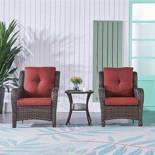 Rilyson Patio Bistro Set Outdoor Chairs - 3 Piece Wicker Rattan Patio Furniture Set with 2 Armrest Chair and 1 Side Table for Proch Deck Garden Backyard Balcony(Brown/Red)