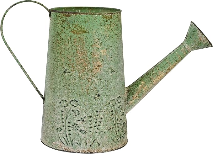 Vintage Green Metal Watering Can, Functional Garden Waterer with Floral Embossed for Indoor Outdoor Plant Care, Rustic Decor for Home Garden Patio