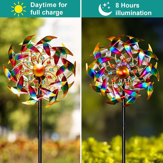 Solar Wind Spinners for Yard and Garden - 360° Metal Large Wind Sculptures Outdoor Clearance Kinetic Windmills with 4 Layer Jeweled Blades for Patio, Lawn Garden Decoration - 54Inch