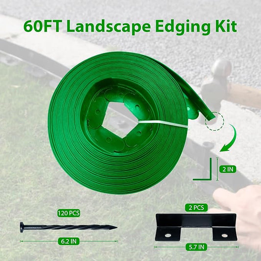 Landscape Edging Border 60 FT 2 Inch Tall with 120 Spikes, Plastic Edging for Landscaping, Garden Edging Border, Flower Bed, Paver and Lawn Edging Border, Green