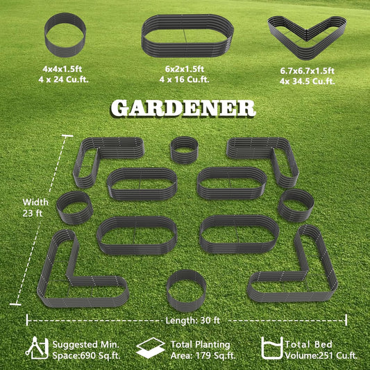 A ANLEOLIFE 12-Pack 4X4X1.5ft & 6X2X1.5ft & 81x81x18 in Deep Root Galvanized Raised Garden Beds Outdoor for Planting Vegetables Flowers Herb, Quartz Grey