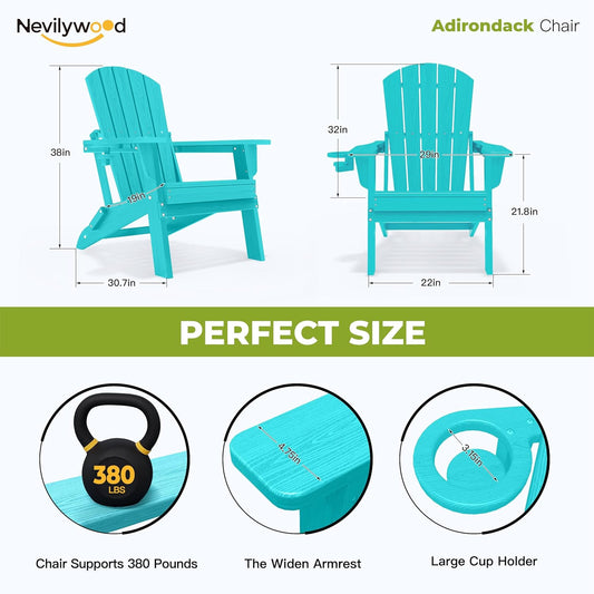 Folding Adirondack Chair - Extended Ergonomic Backrest, Cup Holder - Easy Assembly - Durable HDPE Plastic, Weather Resistant & Maintenance-Free - Lawn, Patio, Deck Supports 380lbs Aruba