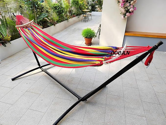 Double Hammock 2 Person Large 220x160cm with Steel Stand and Removable Spreader bar Load 500lb, Canvas Cotton Hammocks for Patio Porch Garden Backyard Outdoor and Indoor,red