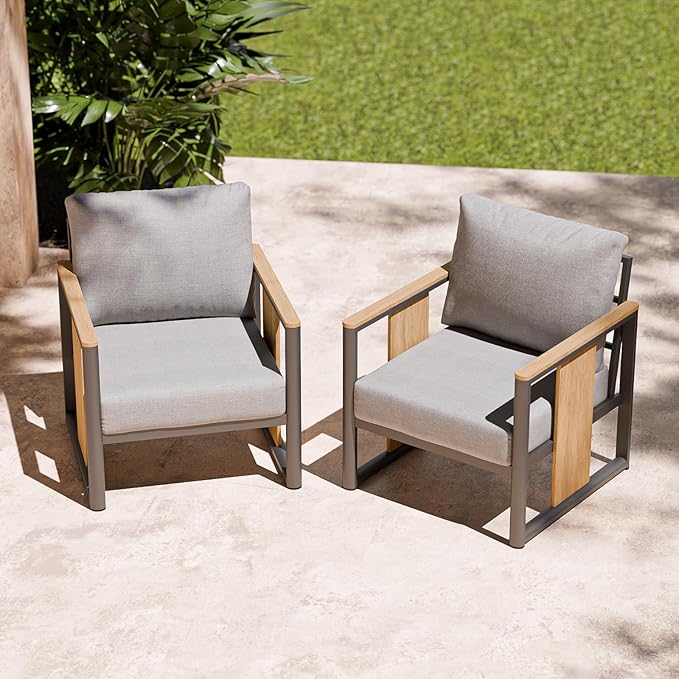 ZANDOR Aluminum Outdoor Patio Furniture Set – 2 Pcs Armchair with Washable Thick Cushions,All-Weather Modern Metal Furniture for Garden,Backyard,Porch,Grey