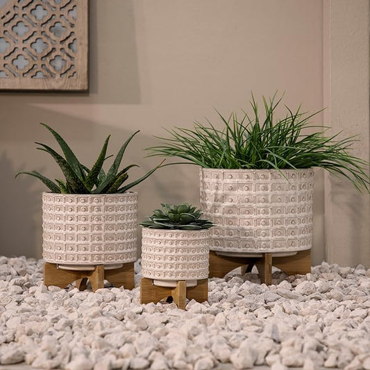 Sagebrook Home Ceramic Planter with Stand - Textured Stoneware Pot with Bamboo Wood Base - Modern Indoor & Outdoor Plant Holder - 8" Ivory