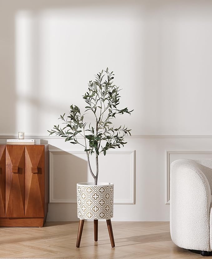 naclto 10 Inch Planter with Stand, Plant Pot for Indoor Plants, Large Modern Flower Pots Indoor Outdoor with Drainage for Home Garden Patio, White & Gold