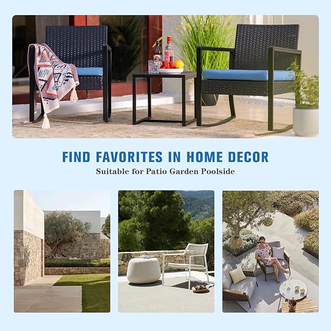 WWR 3 Pieces Outdoor Patio Furniture Set Rocking Wicker Rattan Chair Set Patio Bistro Conversation Set 3 Pcs with Coffee Table for Yard & Bistro (Blue)