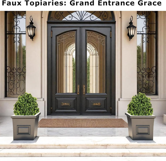 27“ Realistic Artificial Boxwood Topiary Trees Set of 2, Faux Boxwood Plants Outdoor UV-Resistant, No Maintenance Curb Appeal Fake Evergreen Bushes & Shrubs for Front Porch Outside Planter Decor